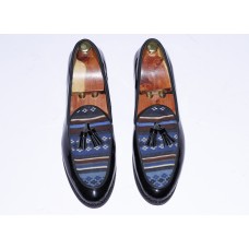 Aztec print tassel loafer shoes with black patent leather