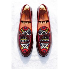Aztec print tassel loafer shoes with oxblood patent leather